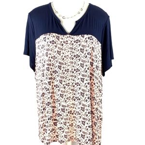 Lane Byrant Short Sleeve Navy Blue & Pink  Floral Swing Tee